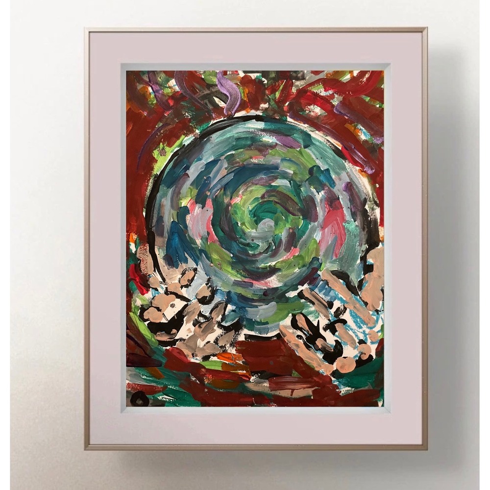 OMAN Original Abstract Crystal Ball Painting Paper 9x12 Halloween Modern Art